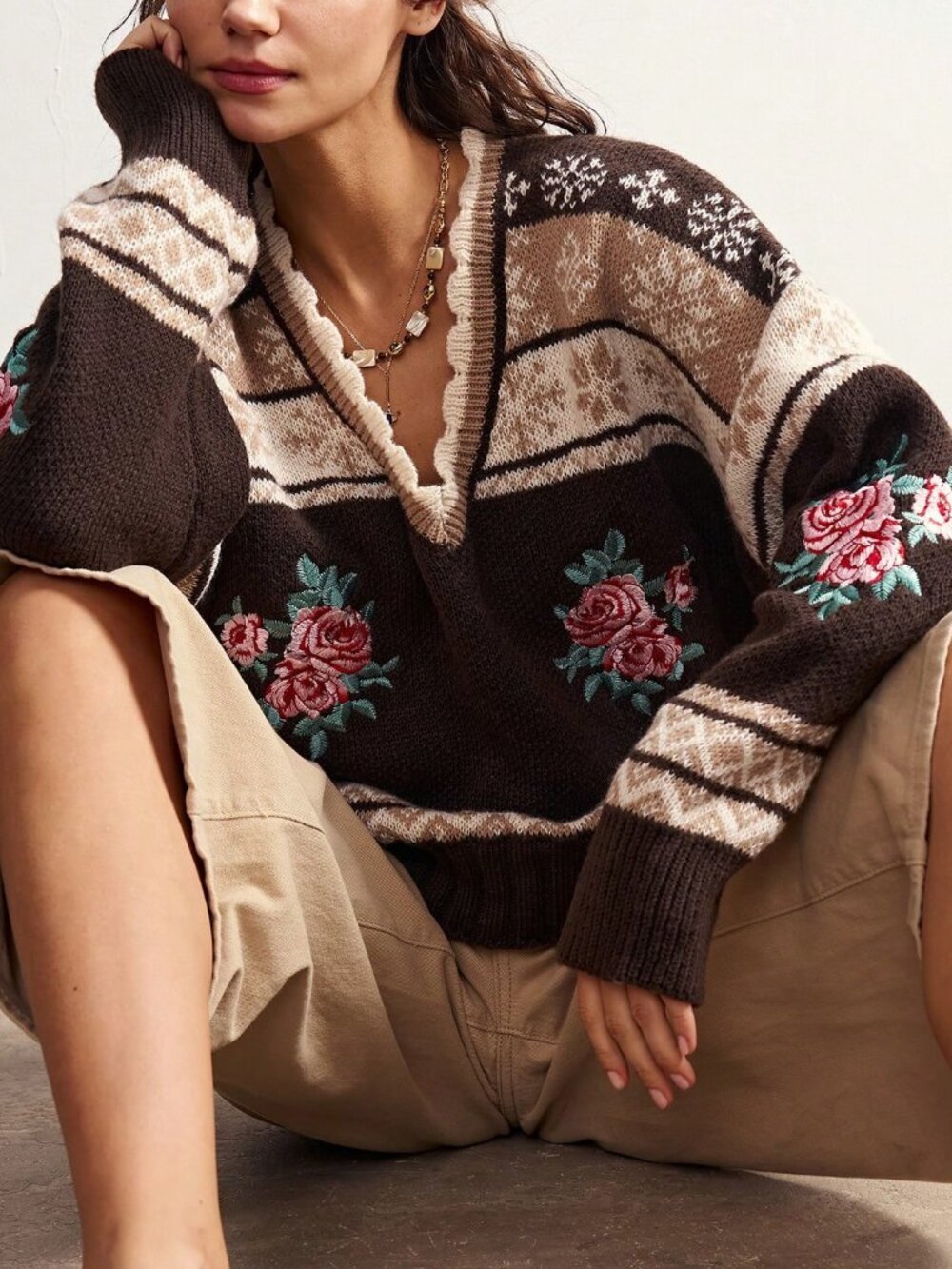 Mocha Brown Casual Women's Jacquard Contrast Color Embroidered Knit Cardigan - Picture 8 of 10